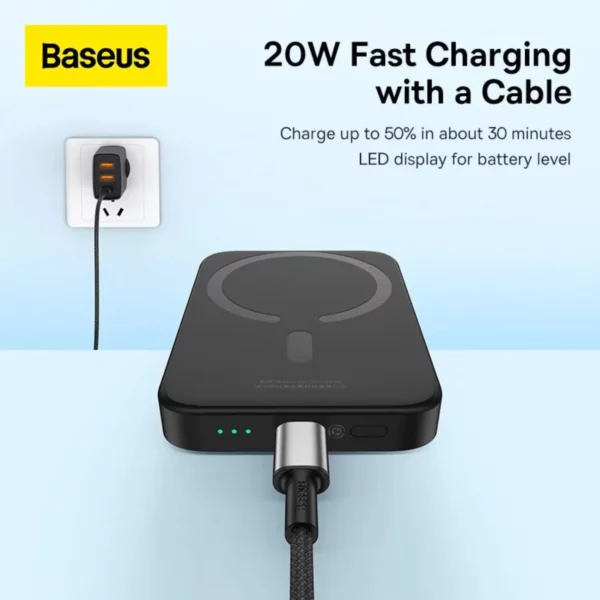 Baseus magnetic mini wireless fast charge power bank 6000mah 20w with type-c to type-c cable 60w 20v/3a 30cm black